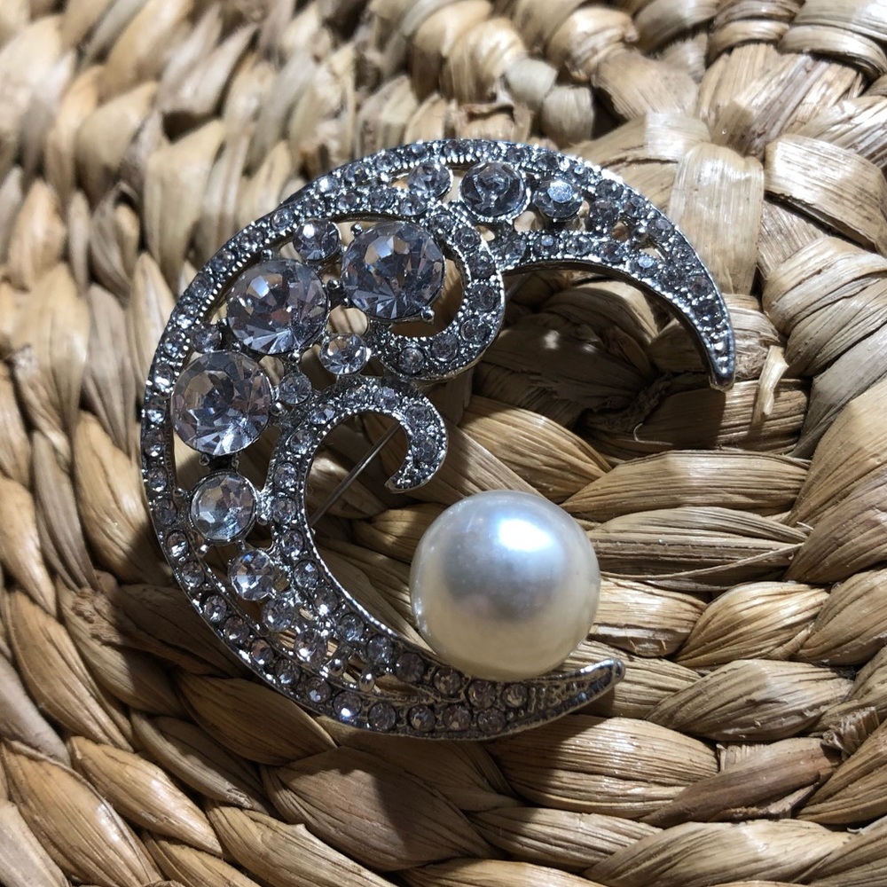 Rhinestone and Pearl Moon Brooch
